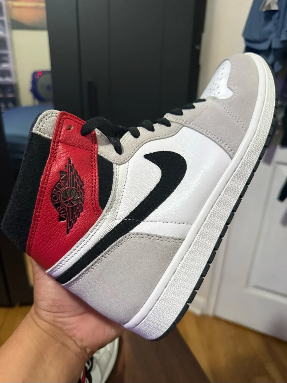 Jordan Air High Top Sneaker in White, Gray, Black & Red